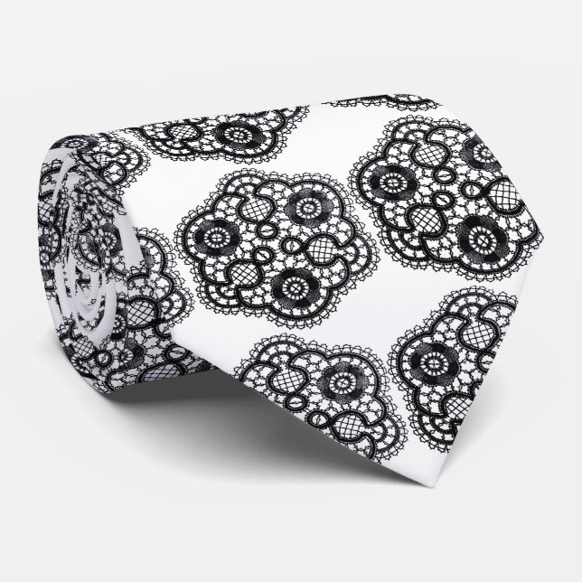 Schwarze Spitzen auf weißer Hochzeit Krawatte (Gerollt)