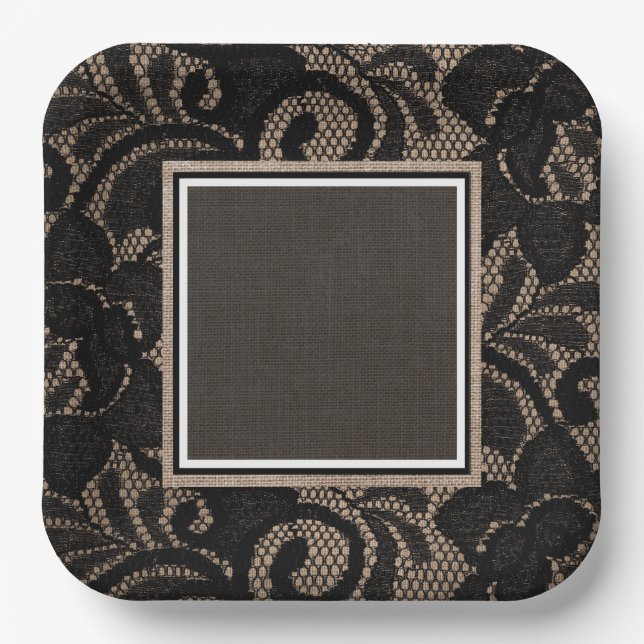 Schwarze Spitzen, Burlap, Leinen Pappteller (Vorderseite)