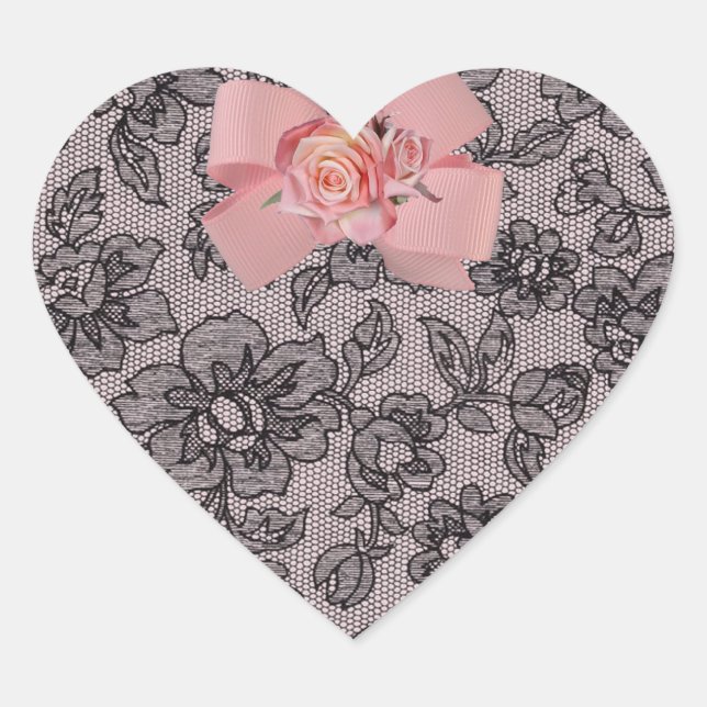 Schwarze Spitzen und Rose Herz-Aufkleber (Vorderseite)