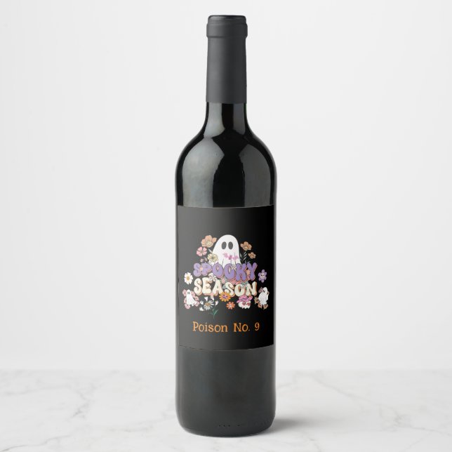 Schwarze Spooky Geister und Blume Gift Weinetikett (Vorderseite)