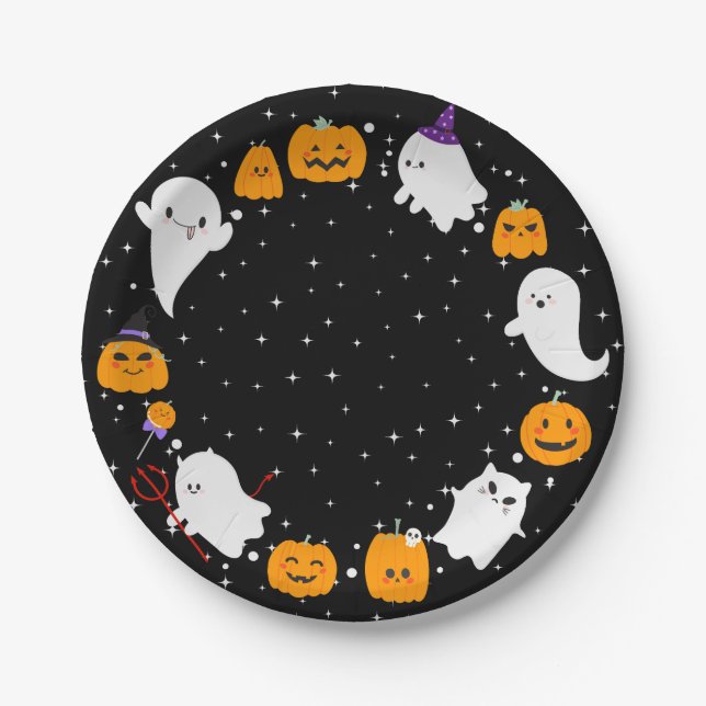 Schwarze Sternennacht mit Geistern Halloween Pappteller (Vorderseite)