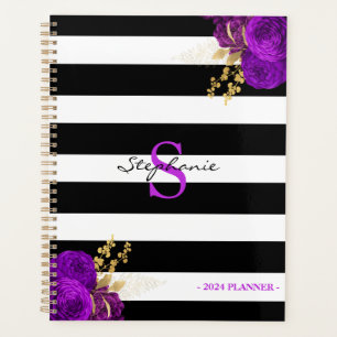 Schwarze Streifen aus lila Gold Floral Monogramm 2 Planer