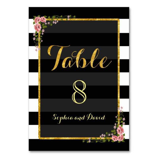 Schwarze Streifen Hochzeitsfeiern mit Gold Foil TI Tischnummer (Vorderseite)