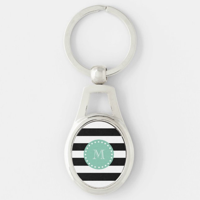 Schwarze Streifen Muster, Minze grüne Monogramm Schlüsselanhänger (Vorderseite)