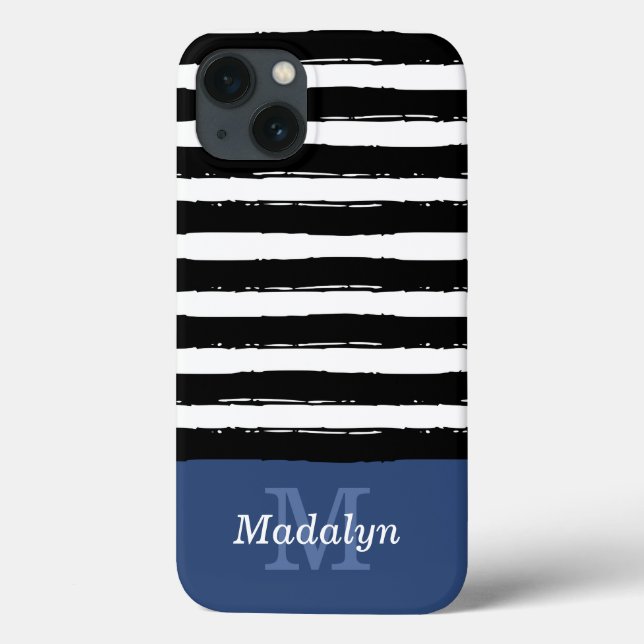 Schwarze Streifen Muster mit Navy Monogram Cas Case-Mate iPhone Hülle (Rückseite)