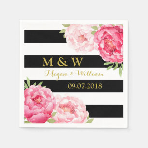 Schwarze Streifen Pink-Aquarellfarben-Hochzeitsmon Serviette