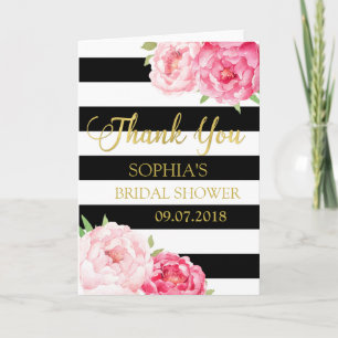 Schwarze Streifen Rosa Florale Hochzeitsdusche Dan Dankeskarte
