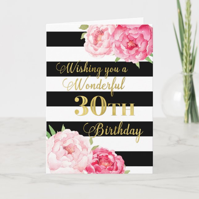 Schwarze Streifen und rosa Blume Happy 30. Geburts Karte (Vorderseite)