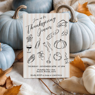 Schwarze Strichzeichnung - Gestreiftes Thanksgivin Einladung