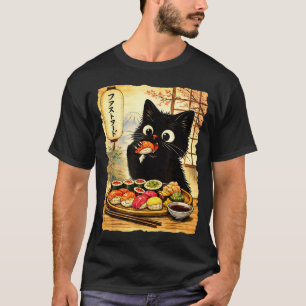 Schwarze süße Katze isst Sushi Kawaii japanisches  T-Shirt
