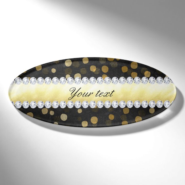 Schwarze Tafel-Goldconfetti-Diamanten Namenschild (Vorderseite)