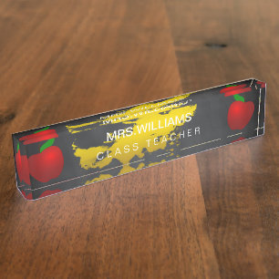 Schwarze Tafel Schullehrer-rote Apples Namensplakette
