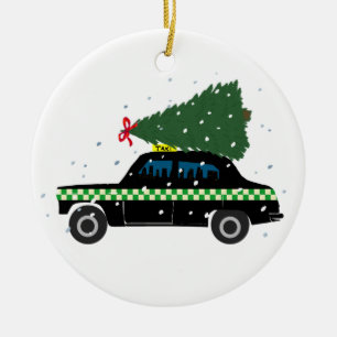 Schwarze Taxi-Weihnachtsbaum-Zeichnung Schnee Keramik Ornament