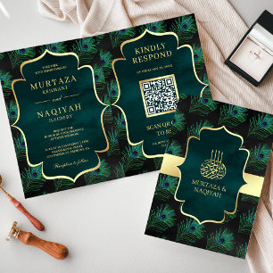 Schwarze Teal-Pfauenfedern QR-Code Muslimische Hoc Einladung