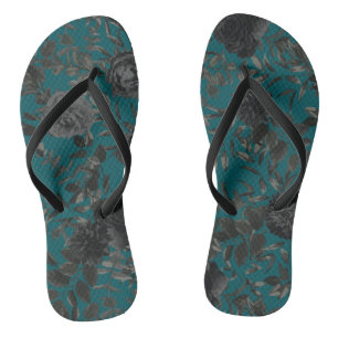 Schwarze Teal-Rosen-Gotik-elegante Hochzeit Flip Flops