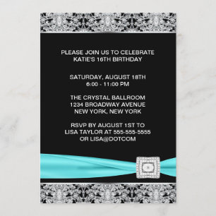 Schwarze Teal-Silber-Spitze Elegante Sweet Sixteen Einladung