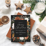 Schwarze Terracotta floral botanische elegante Dre Feiertagskarte<br><div class="desc">Schwarze Terracotta floral botanische elegante Drehbuch Merry Weihnachtskarte.</div>