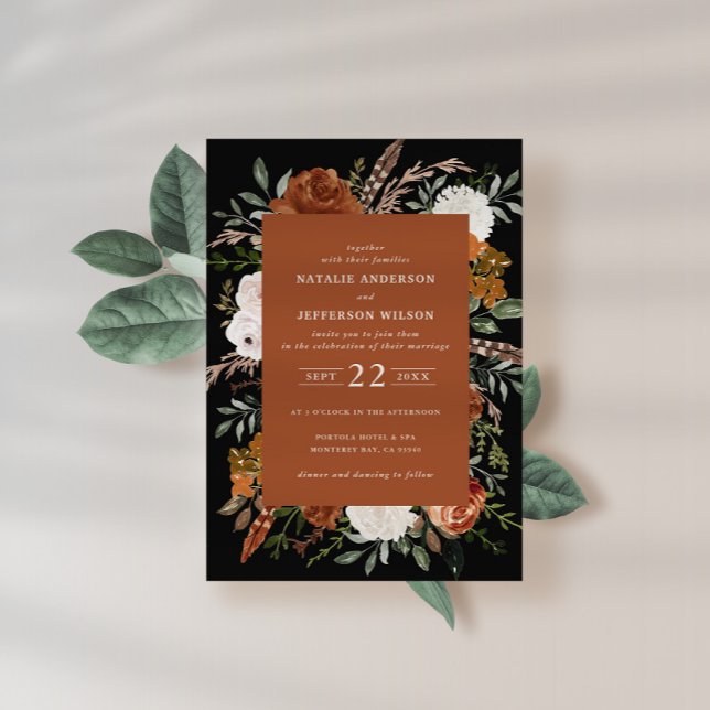 Schwarze Terracotta floral elegante moderne invi Einladung (Von Creator hochgeladen)