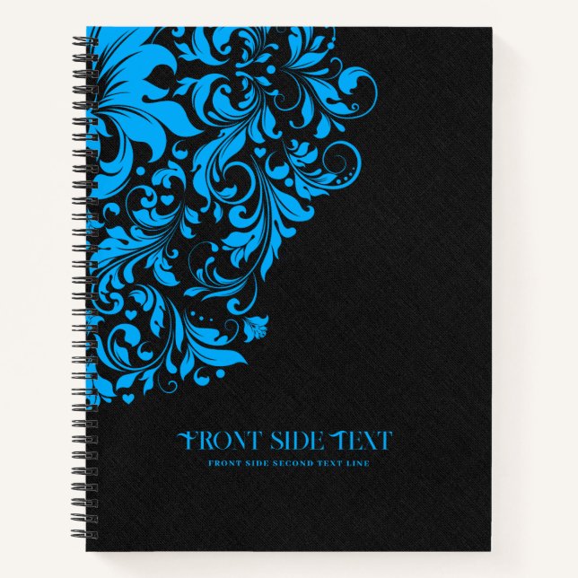 Schwarze Textur mit blauer Blumenspitze Notizbuch (Vorderseite)