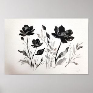 Schwarze Tinte in Aquarellfarben - Blume Poster