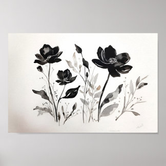 Schwarze Tinte in Aquarellfarben - Blume Poster