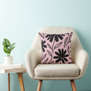 Schwarze Tinten-Gänseblümchen Rosa Boho Kissen