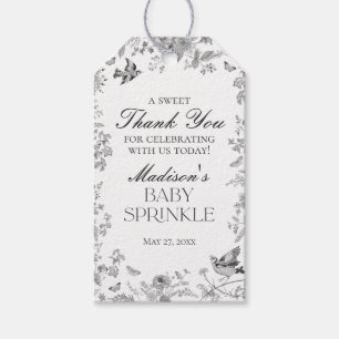 Schwarze Toile de Jouy Blumen Baby Sprinkle Gesche Geschenkanhänger