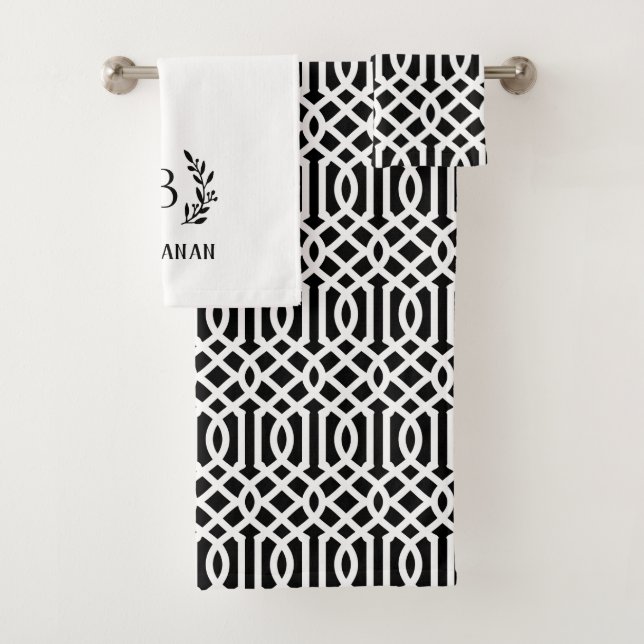 Schwarze Trellis und Zweige-Monogramm | Bauernhof Badhandtuch Set (Insitu)