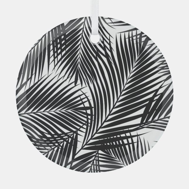 Schwarze tropische Blätter, weißer Hintergrund Ornament Aus Glas (Vorderseite)