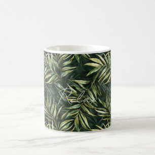 Schwarze tropische grüne Blätter Kaffeetasse