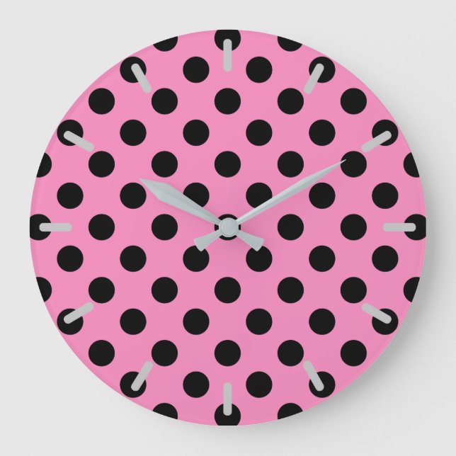 Schwarze Tupfen auf Rosa Große Wanduhr (Vorderseite)