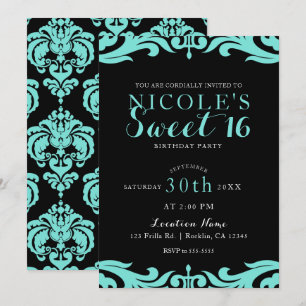 Schwarze & Türkise Damast Chic Elegante Sweet 16 P Einladung
