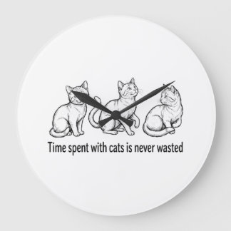 Schwarze Tusche-Skizze von drei Katzen mit "Zeit m Große Wanduhr