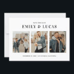 Schwarze Typografie Drei FotoCollage Save The Date<br><div class="desc">Schwarze Typografie Drei-Fotocollagen-Save the Date-Karte | Mit dieser modernen,  Save the Date flachen Karte können Sie Ihr Hochzeitstag verkünden. Es zeigt einfache Typografie und drei Foto Collage. Dieses Foto Save the Date ist eine perfekte Möglichkeit,  Ihre Lieblings-Verlobung-Fotos zu präsentieren. Ideal für jedes Hochzeitsthema.</div>