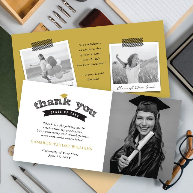 Schwarze Typografie Fett Sketch Graduation Cap Fot Dankeskarte (Black Typography Bold Sketch Graduation Cap Photo Thank You Card @ fatfatin)