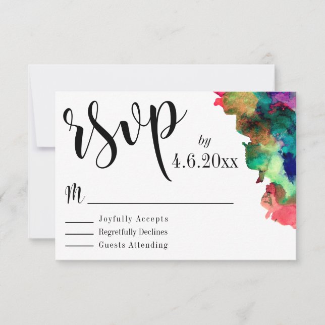 Schwarze Typografie mit farbigen Wasserfarbenfarbe RSVP Karte (Vorderseite)