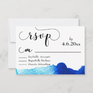 Schwarze Typografie mit leuchtend blauem Wasserfar RSVP Karte