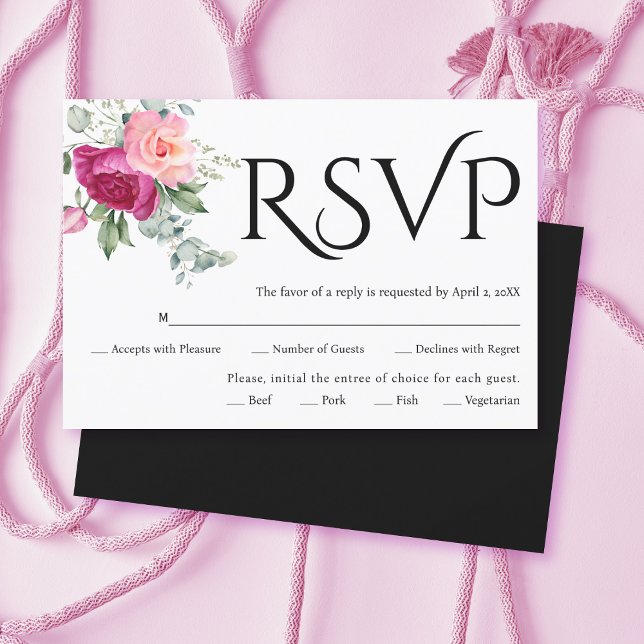 Schwarze Typografie, rosa Rosa Blume Hochzeit RSVP Karte (Von Creator hochgeladen)