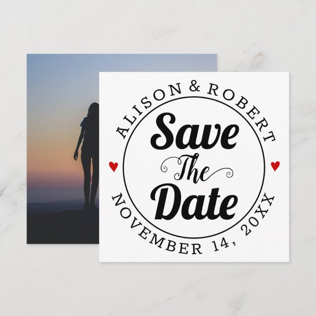 Schwarze Typografie und Foto der roten Herzen auf  Save The Date (Vorne/Hinten)