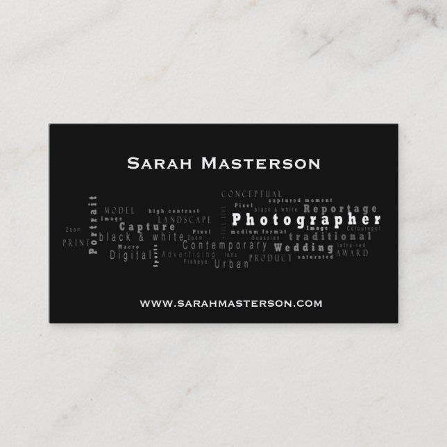 Schwarze typografische Fotograf-Visitenkarte Visitenkarte (Vorderseite)