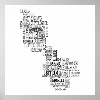 Schwarze typografische Karte von Co. Leitrim, Irla Poster