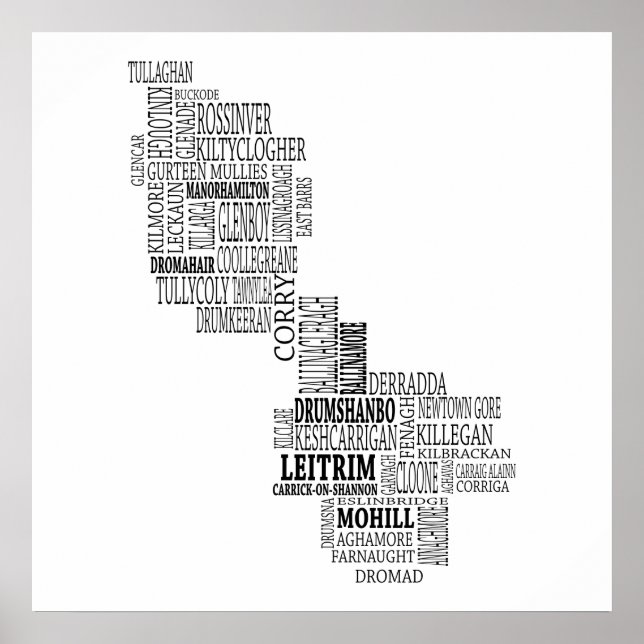 Schwarze typografische Karte von Co. Leitrim, Irla Poster (Vorne)