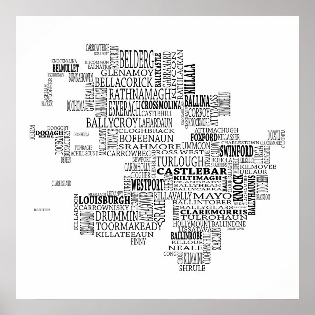 Schwarze Typografische Karte von Co. Mayo, Irland Poster (Vorne)
