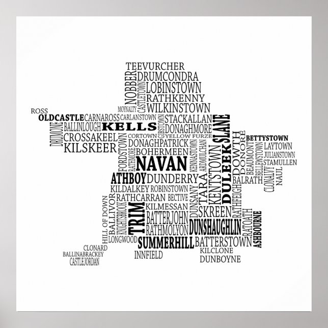 Schwarze Typografische Karte von Co. Meath, Irland Poster (Vorne)