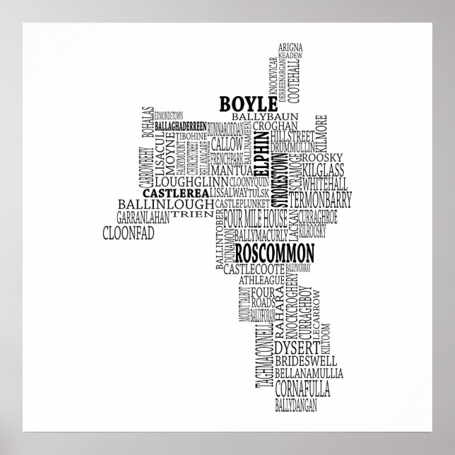 Schwarze Typografische Karte von Co. Roscommon, Ir Poster (Vorne)