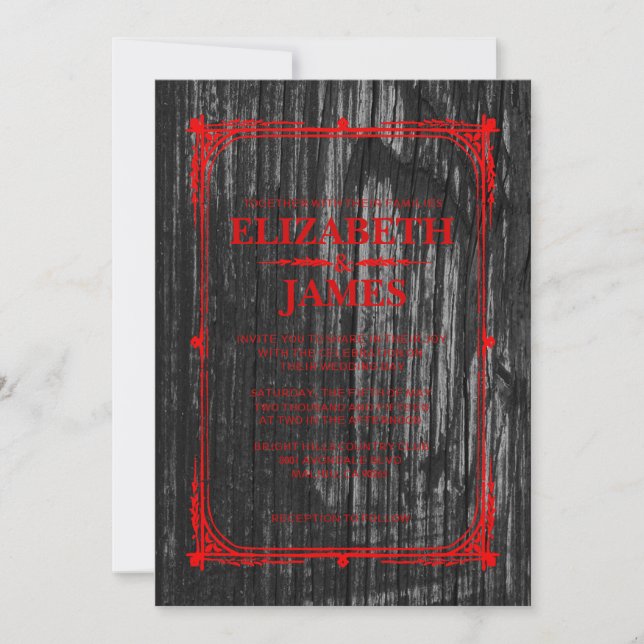 Schwarze u. rote rustikale Scheunen-hölzerne Einladung (Vorderseite)