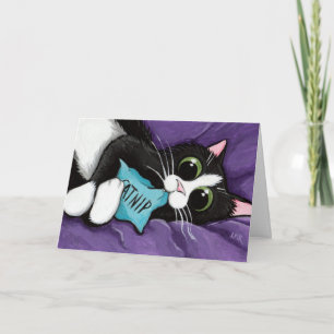 Schwarze u. weiße Katze mit Katzenminzen-Kissen - Karte
