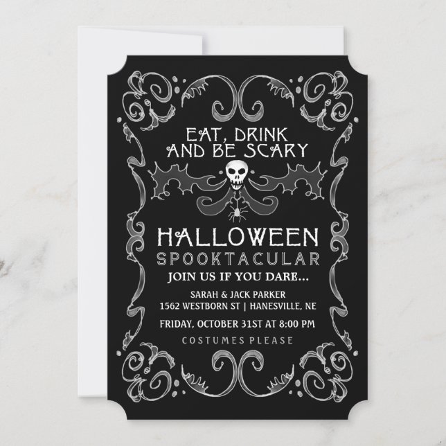 Schwarze u. weiße Party Einladung Halloweens (Vorderseite)
