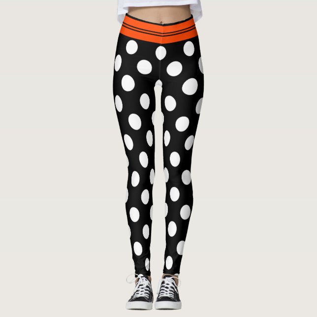 Schwarze u. weiße Retro Tupfen mit orange Streifen Leggings (Vorderseite)