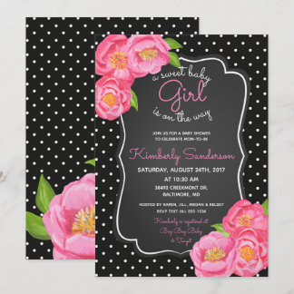 Schwarze u. weiße rosa BlumenBabyparty-Einladung Einladung